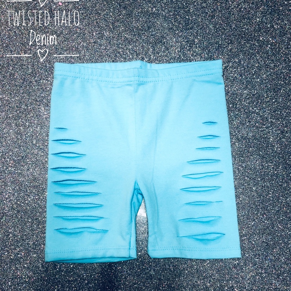 3t Tiffany Blue distressed biker shorts